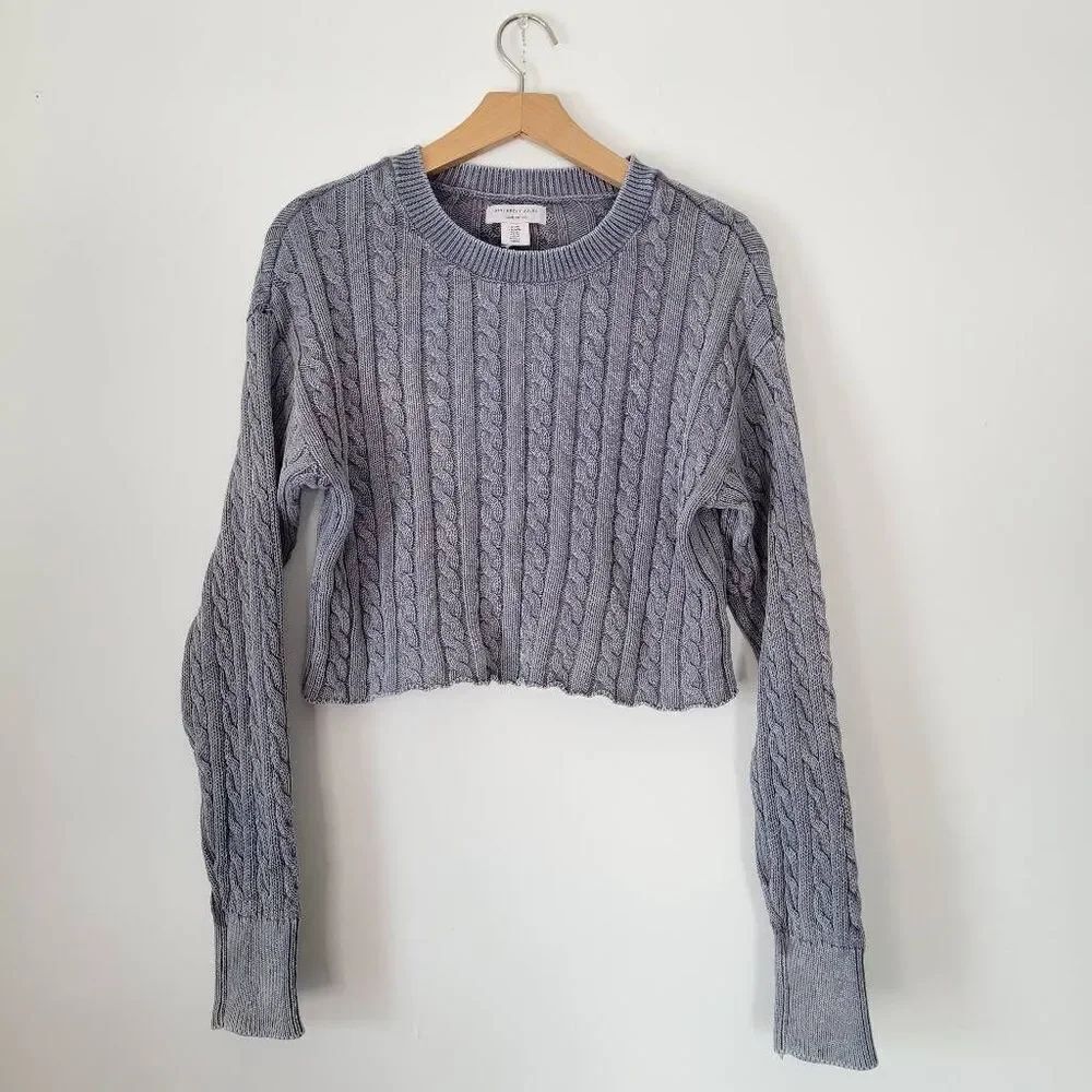 Sincerely Jules Cropped Cable Knit Sweater Gray Cotton Distressed Hole Y2K Grung